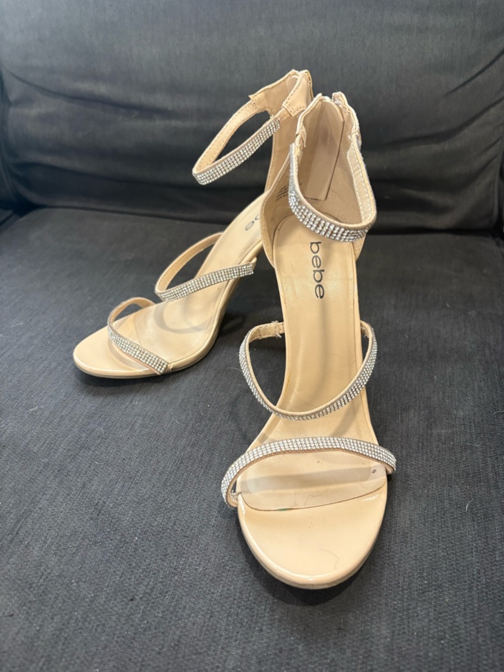 bebe Champagne Rhinestone-Strap Stiletto Sandals
